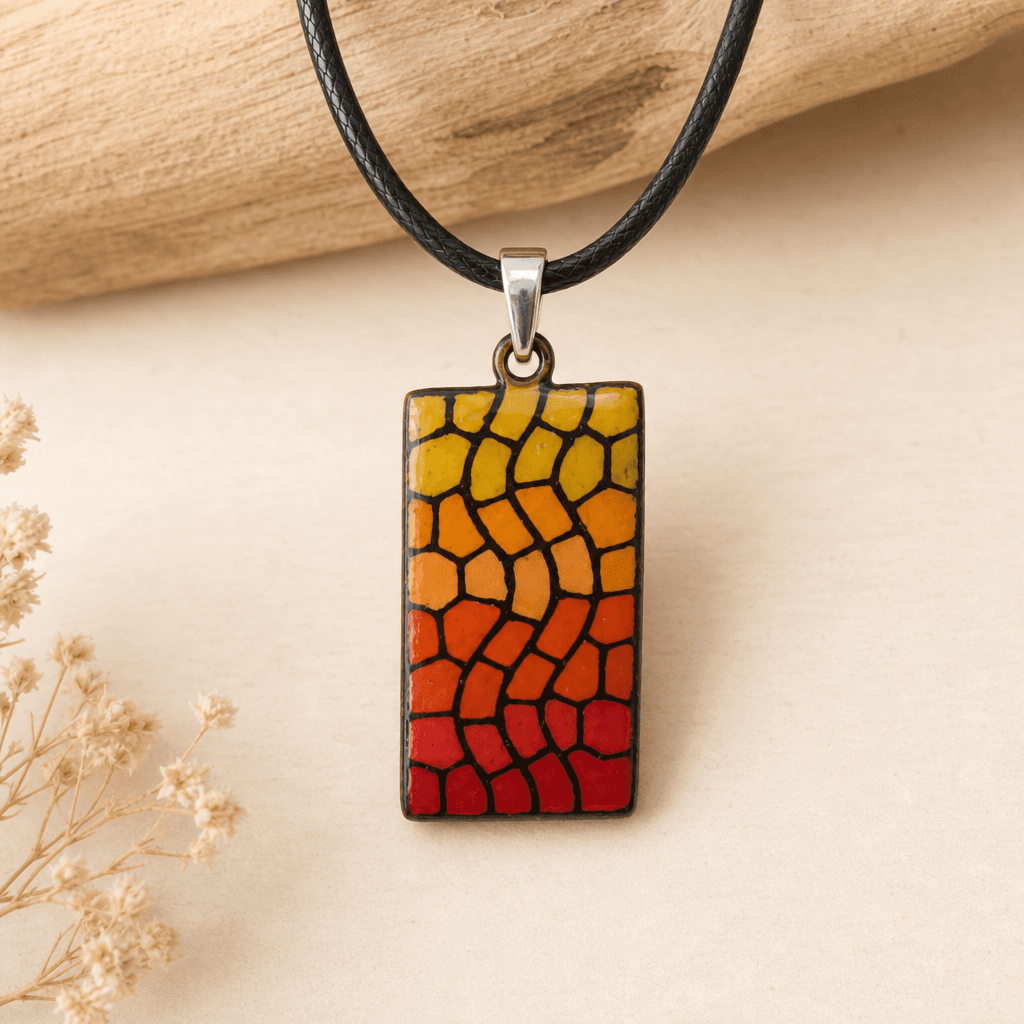 Collar rectángulo mosaico atardecer — Bisutería artesanal de El Rincón de Marfil