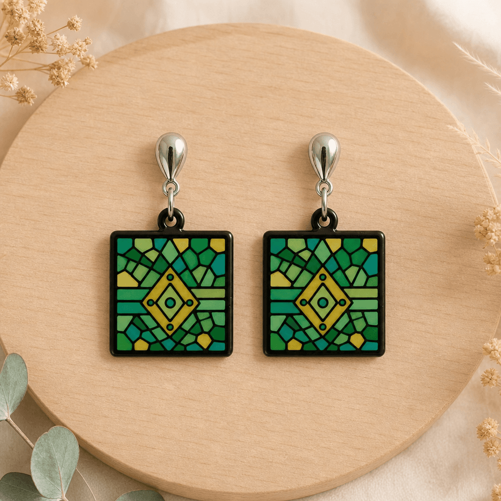 Pendientes mosaico verde — Bisutería artesanal de El Rincón de Marfil